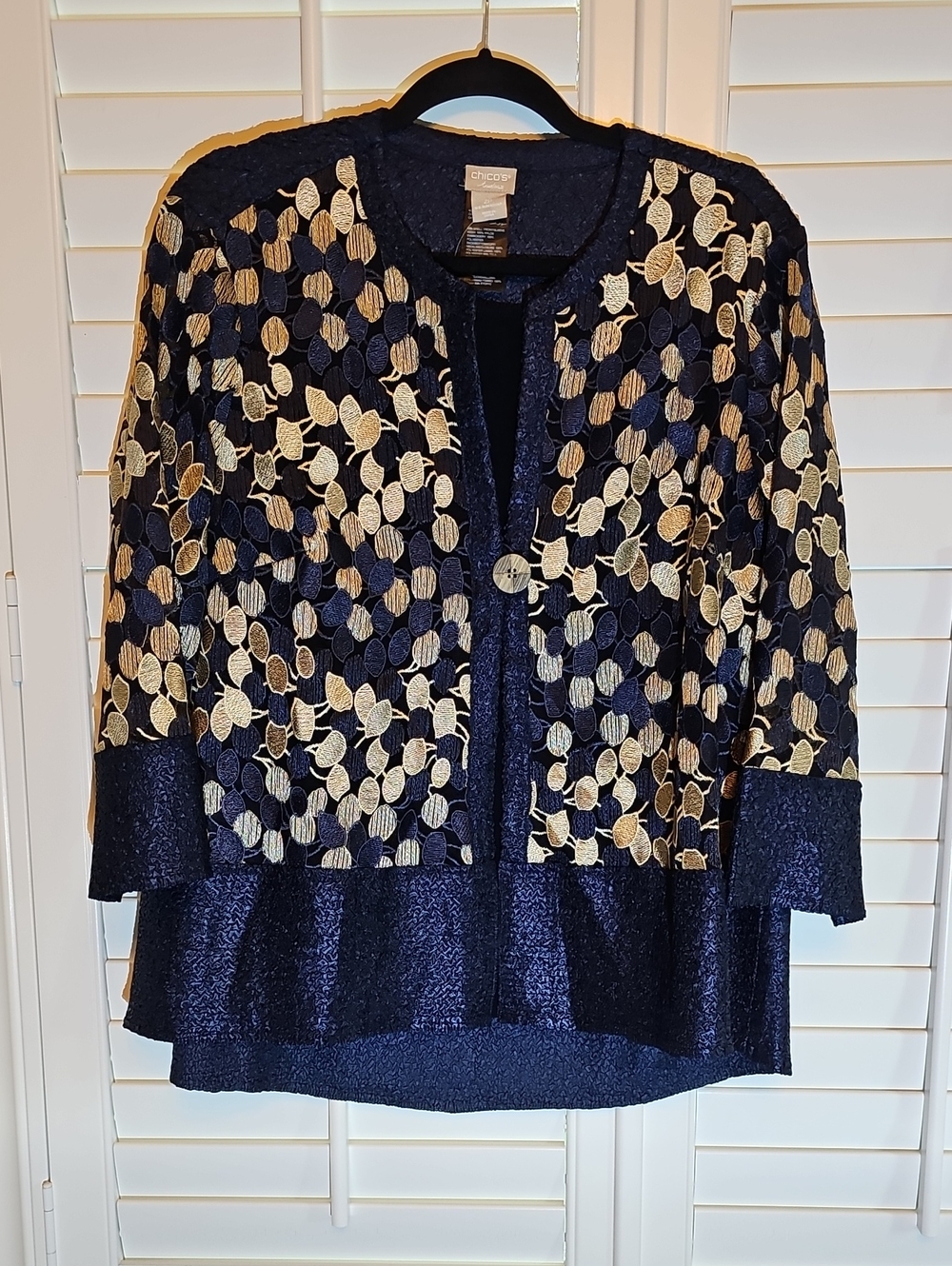 Chico's Navy Jacket with Gold Leaf Embroidery and Peplum Hem LP